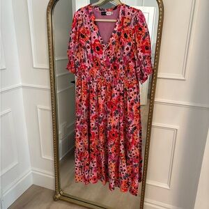 Red and White Tiered Midi Dress with Puff Sleeves